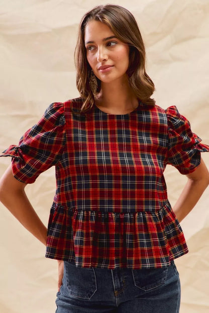 Christmas Holiday Plaid Ribbon Short Sleeves Top