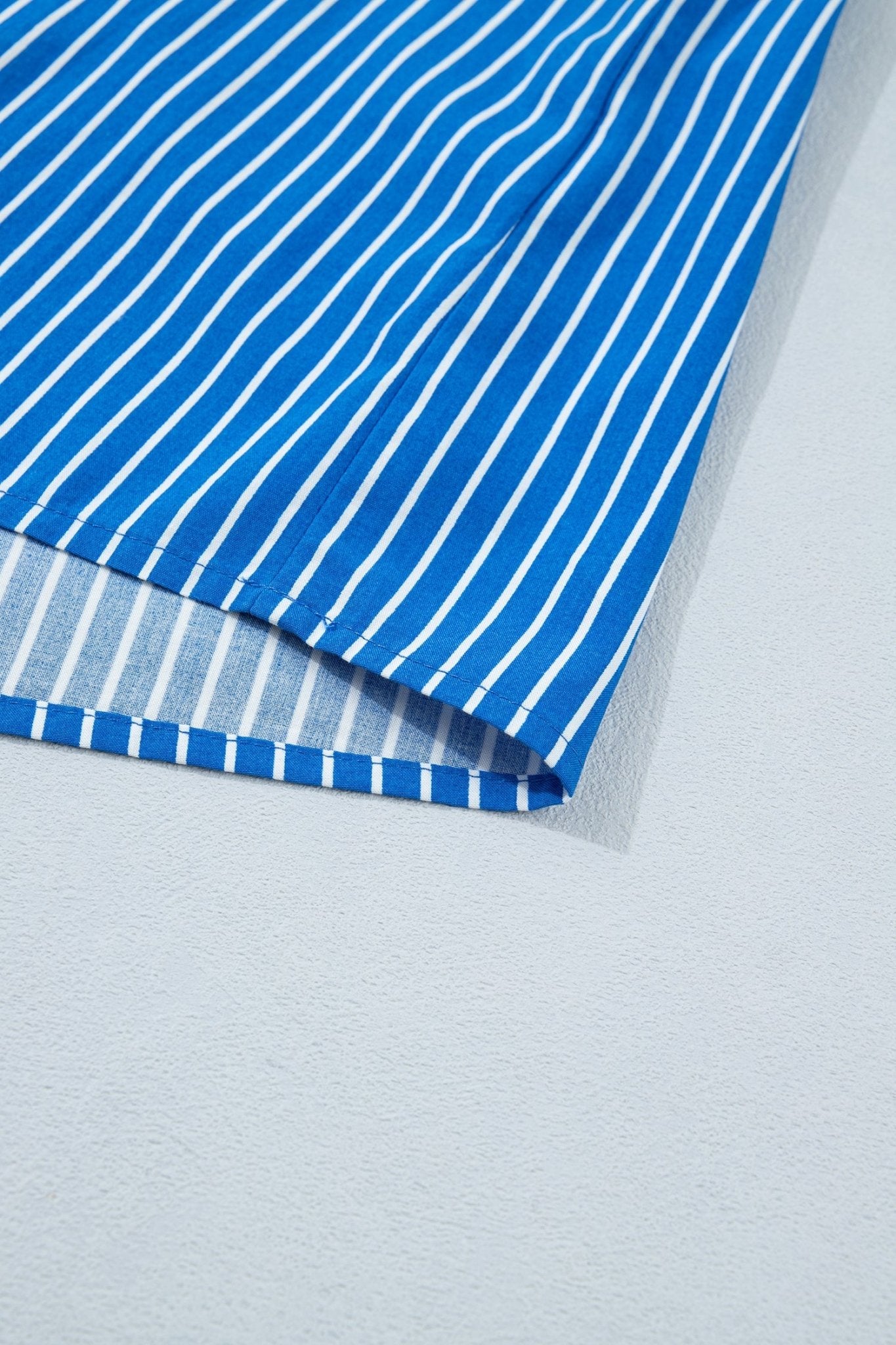 Blue Stripe Ruffled Short Puff Sleeve Button Front Blouse - Loving It Shop