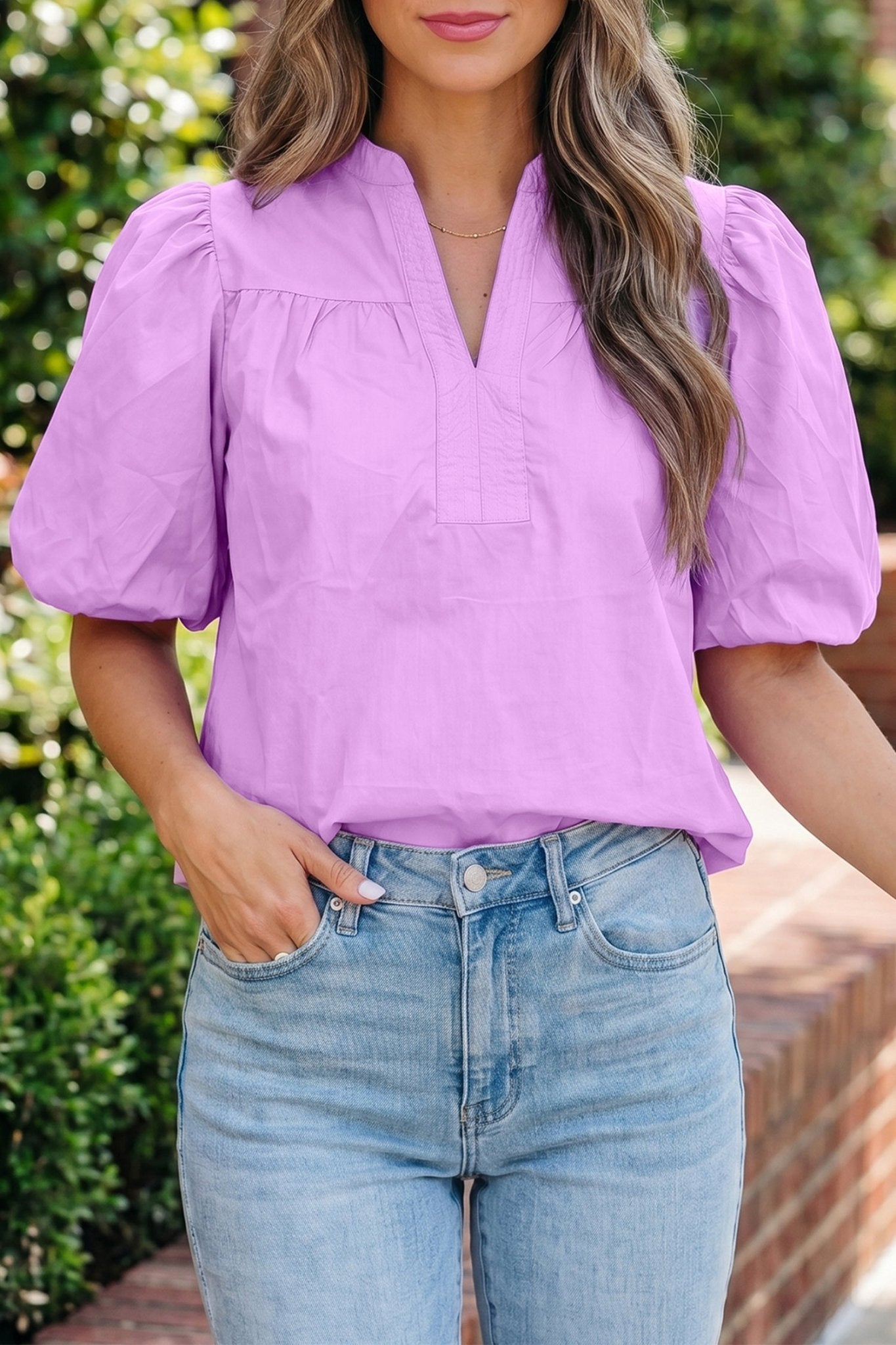 Phalaenopsis Stitched Detail V Neck Puffy Half Sleeve Blouse - Loving It Shop