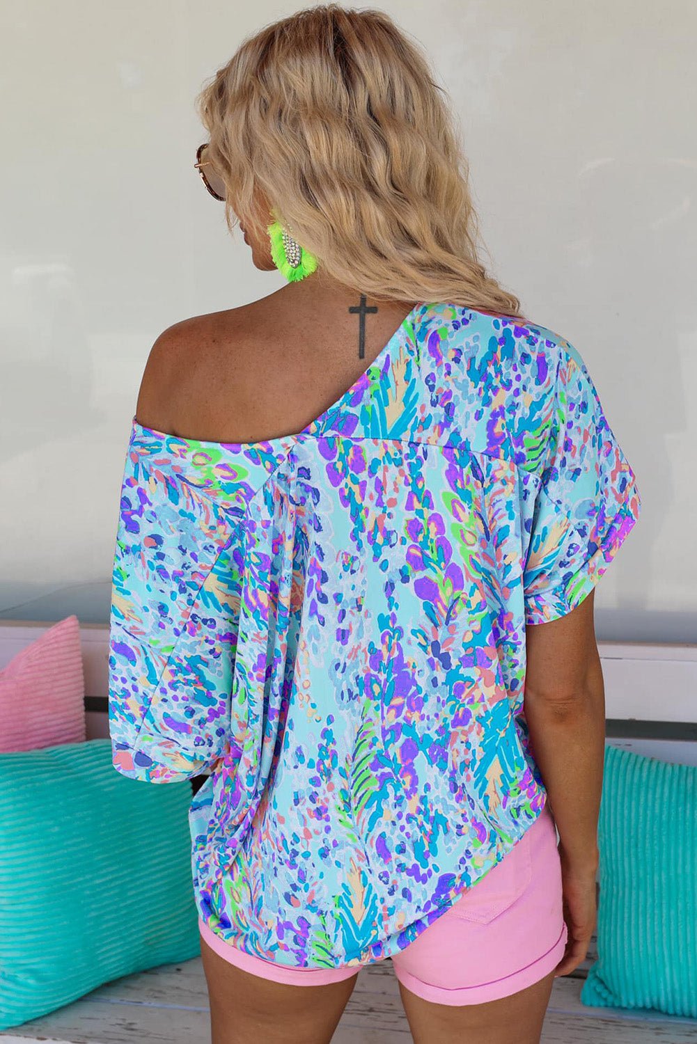 Sky Blue Loose Painted Floral Tee - Loving It Shop