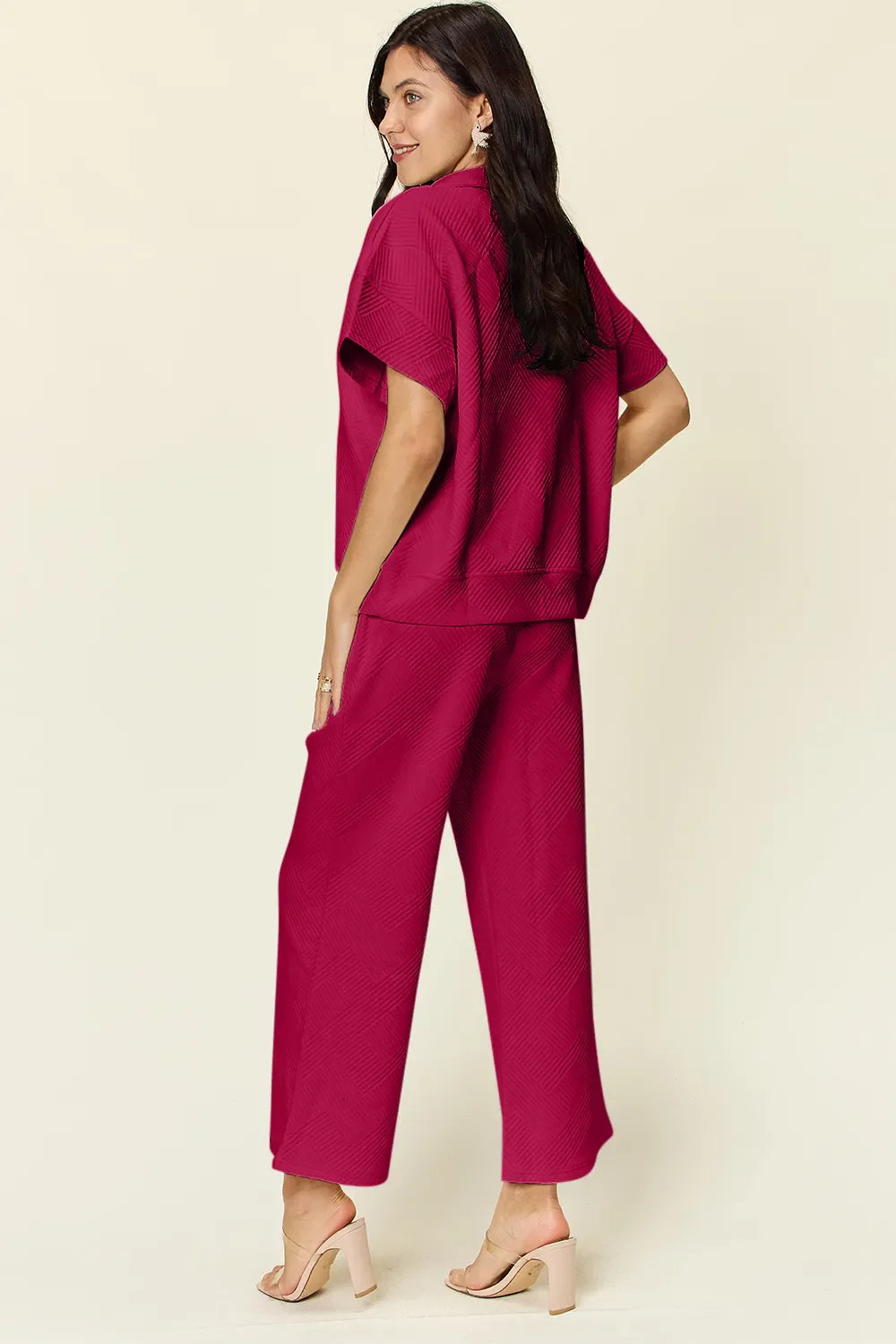 I am a Fashion Junky Full Size Texture Half Zip Short Sleeve Top and Pants Set