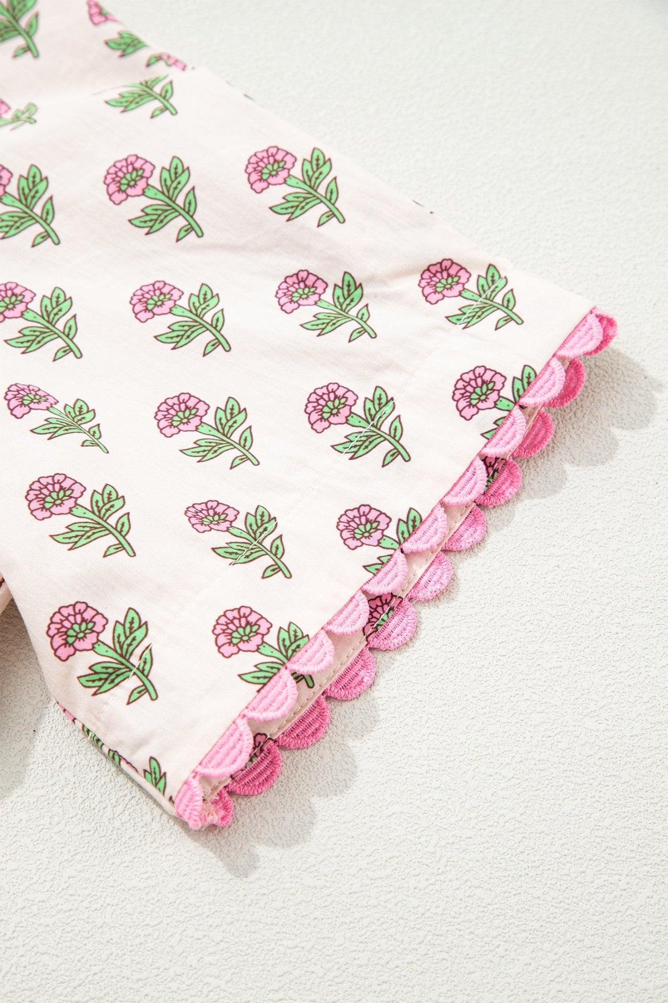 Pink Floral Print V Neck Scallop Trim Button Front Short Sleeve Long Dress - Loving It Shop