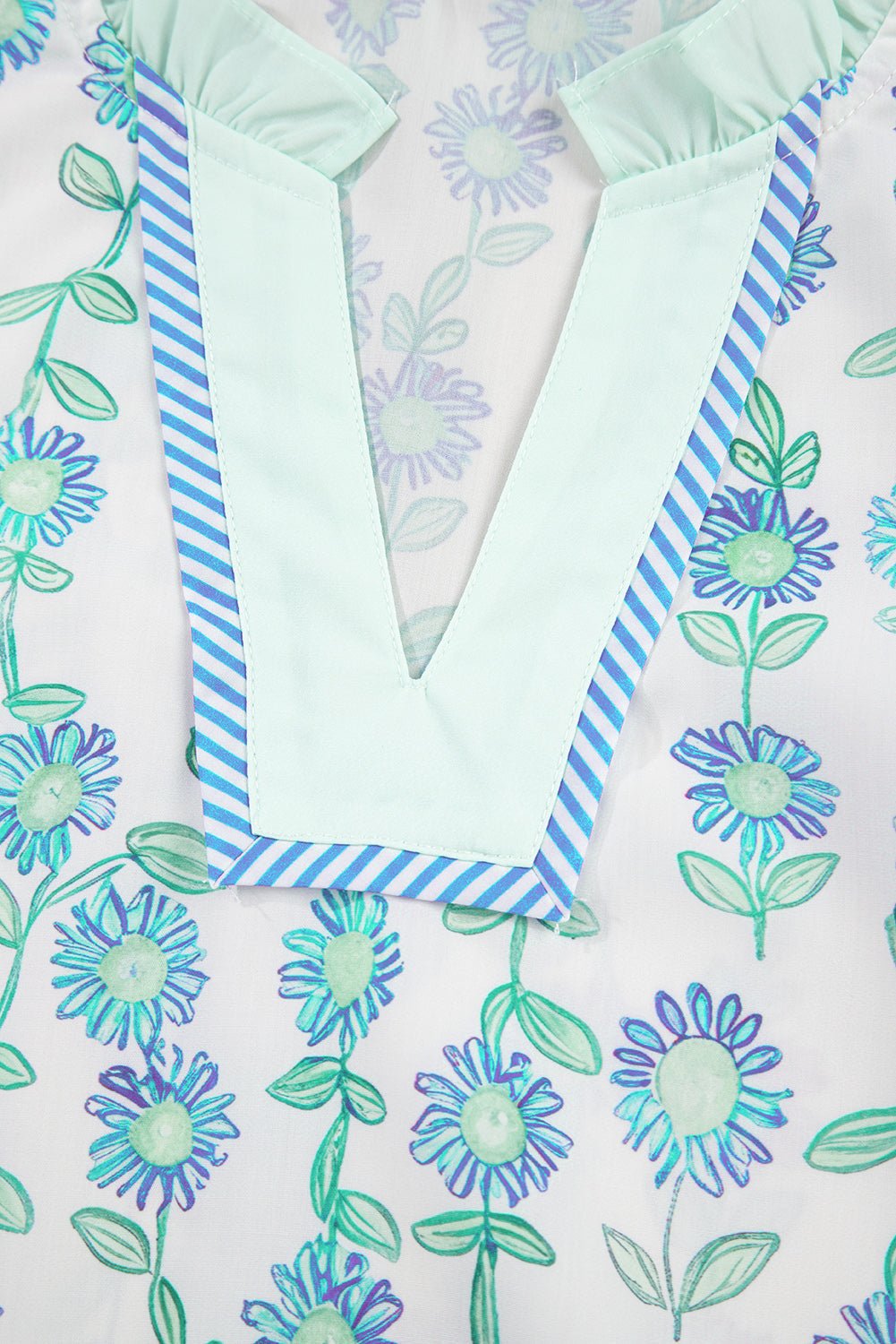 Green Floral Print Striped Detail Contrast V Neck Patchwork Flutter Sleeve Blouse - Loving It Shop