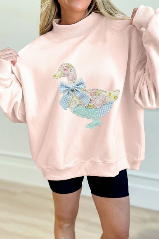 Apricot Pink Bow Knot Duck Faux Patchwork Printed Mock Neck Sweatshirt - Loving It Shop