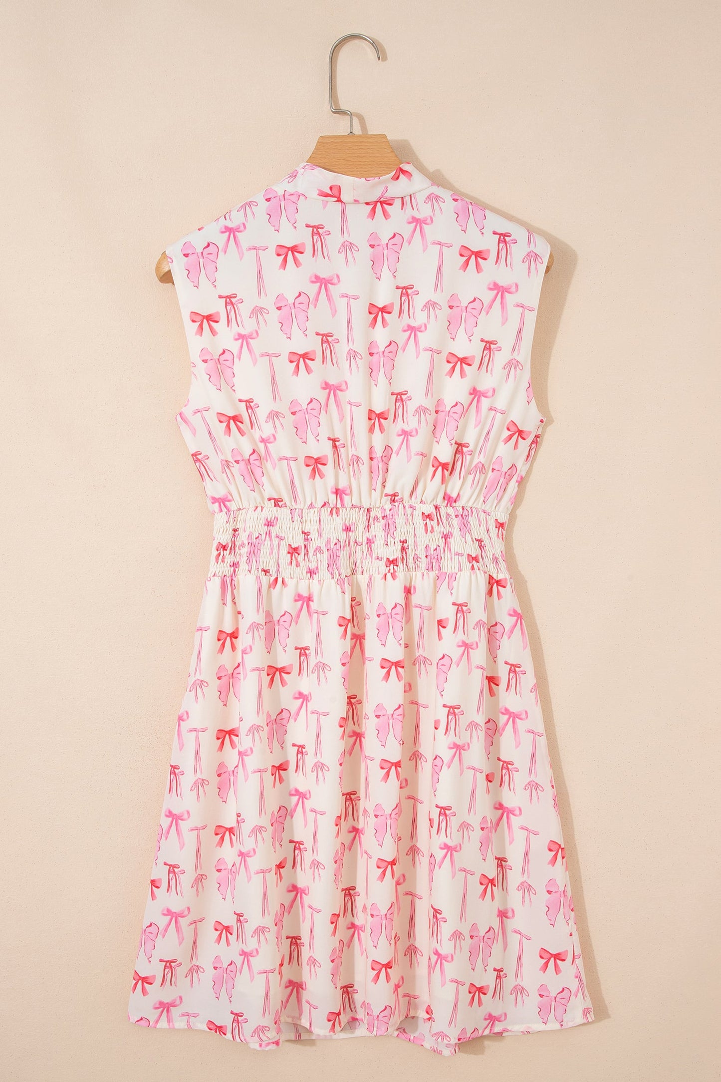 Pink Full Zip Cinched Waist Sleeveless Bow Mini Dress