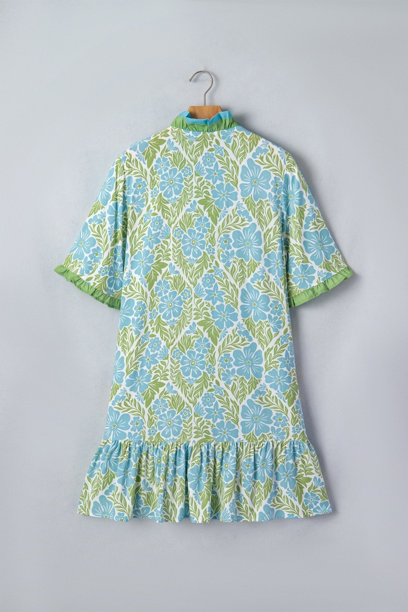 Sky Blue Botanical Floral Print Frilled Trim V Neck Button Front Loose Dress - Loving It Shop