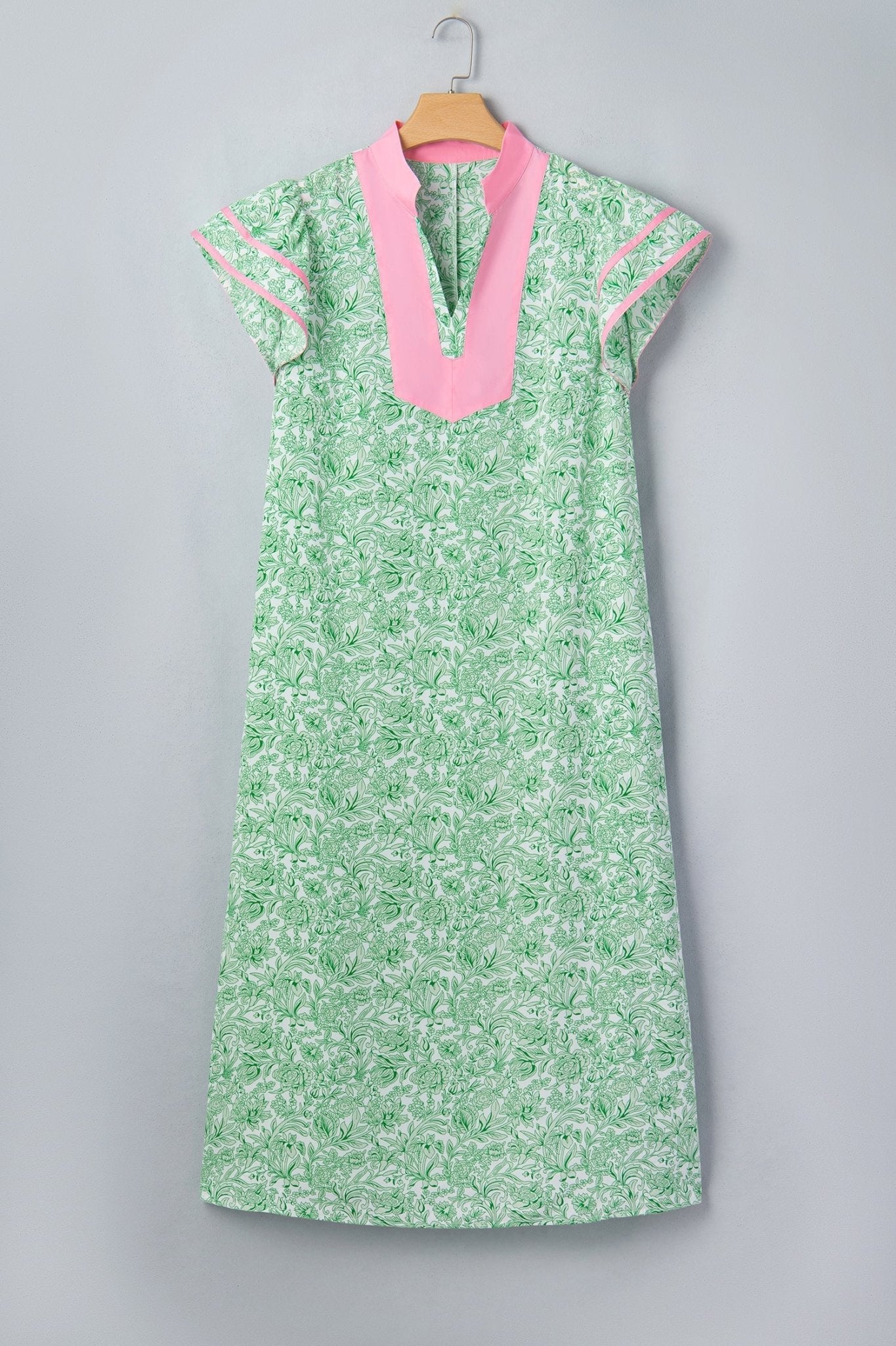 Green Plus Size Contrast Trim Flutter Sleeve Floral Kaftan Maxi Dress - Loving It Shop