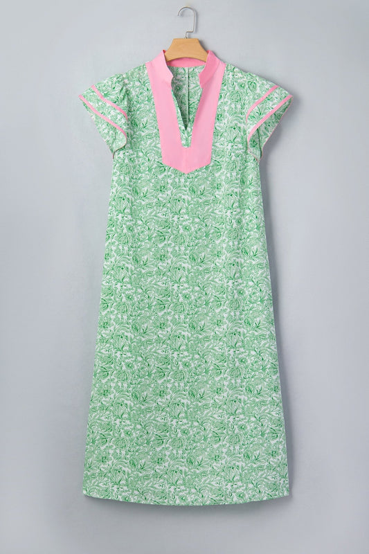 Green Plus Size Contrast Trim Flutter Sleeve Floral Kaftan Maxi Dress - Loving It Shop