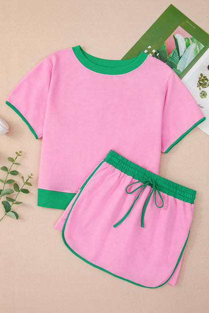 Bonbon Colorblock Edge Drop Shoulder T Shirt and Skort Set