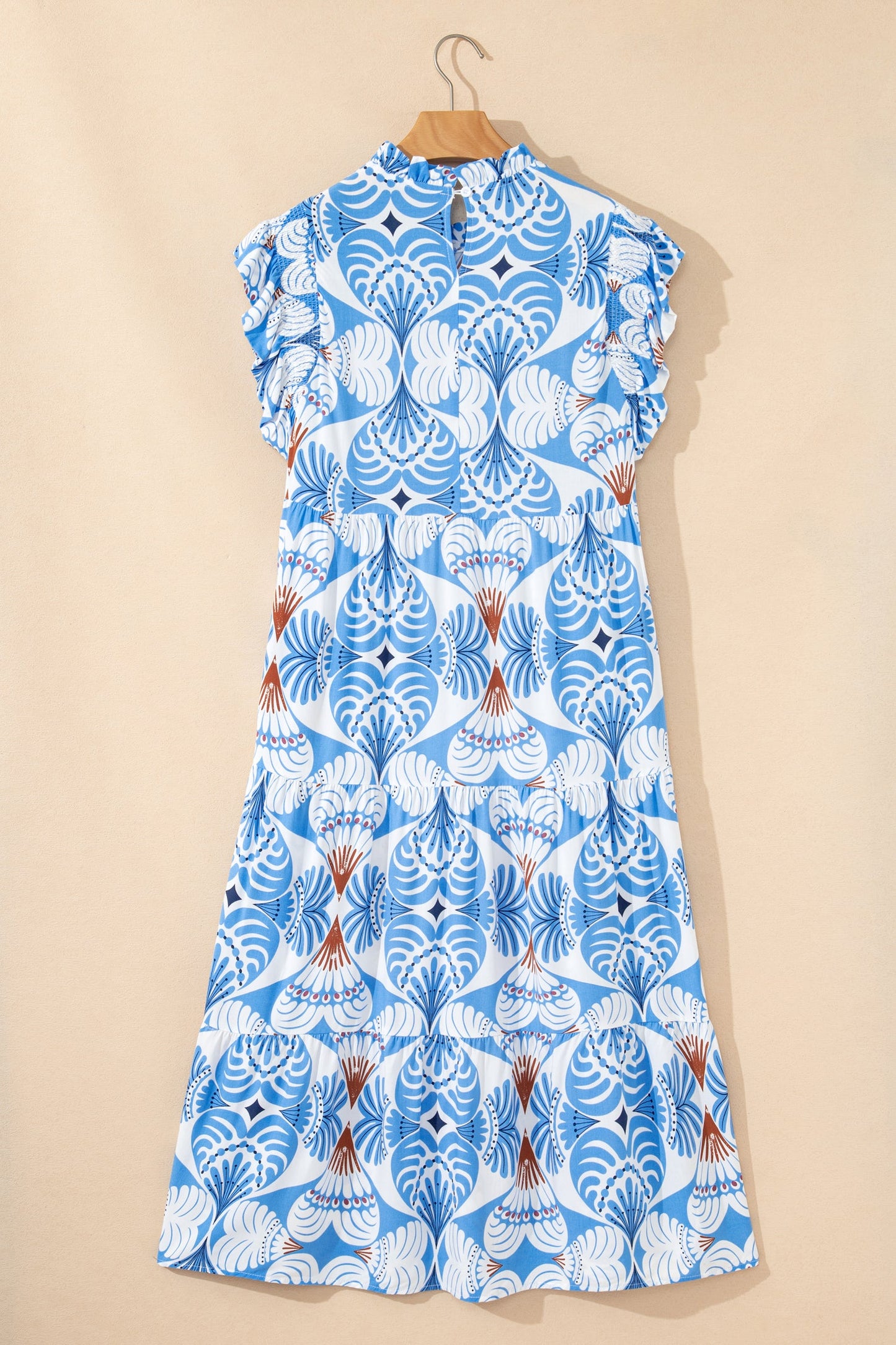 Sky Blue Tropical Botanic Print Flutter Sleeve Vacation Long Dress