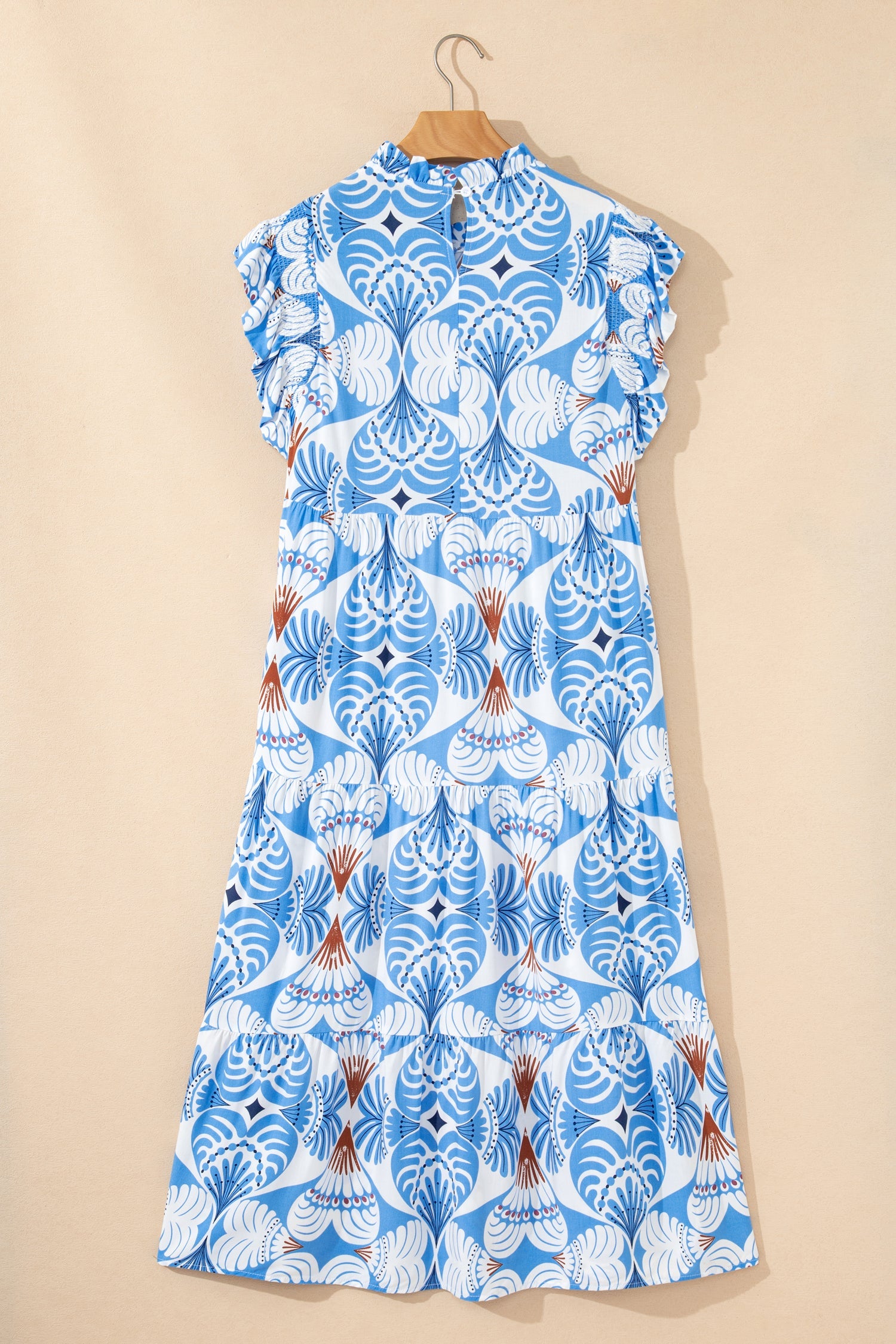 Sky Blue Tropical Botanic Print Flutter Sleeve Vacation Long Dress