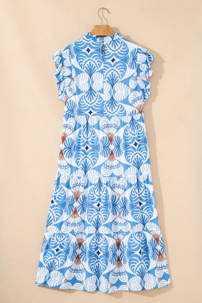 Sky Blue Tropical Botanic Print Flutter Sleeve Vacation Long Dress