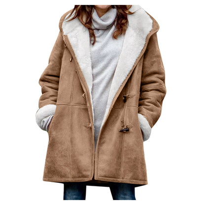 Winter Button Coat Fashion Warm Hooded Jacket With Pockets Women&