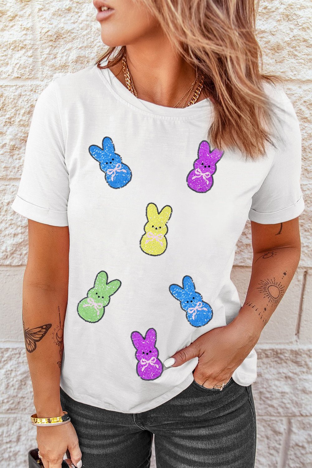 White Sequin Bow Bunny Doll Patched Easter Graphic Tee - Loving It Shop