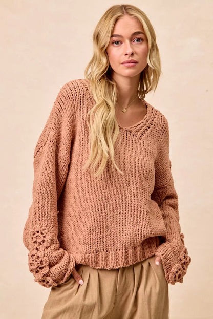 Chunky Knit Sweater with Flower Detail Sleeves