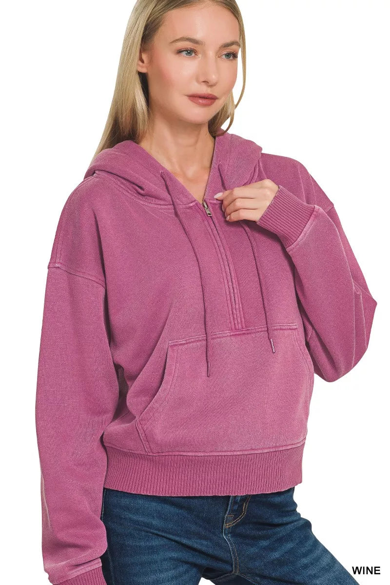 Fleece Pigment Dye Half Zip Kangaroo Pocket Hoodie