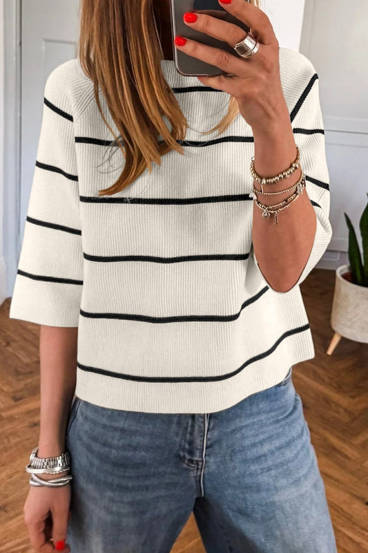 White Stripe Ribbed Knit Half Sleeve Loose Sweater Tee - Loving It Shop