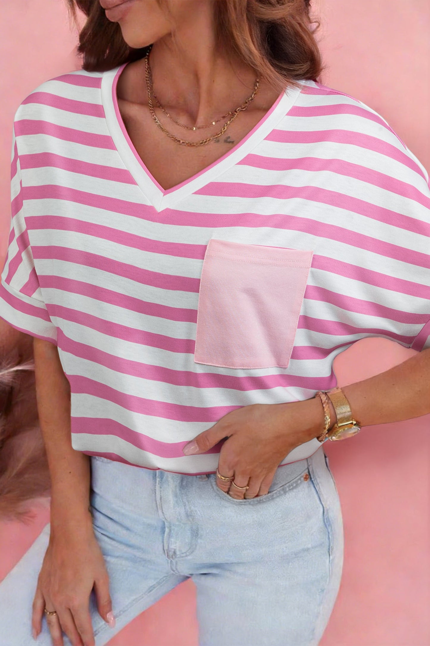 Pink Stripe V Neck Patched Pocket Casual T Shirt