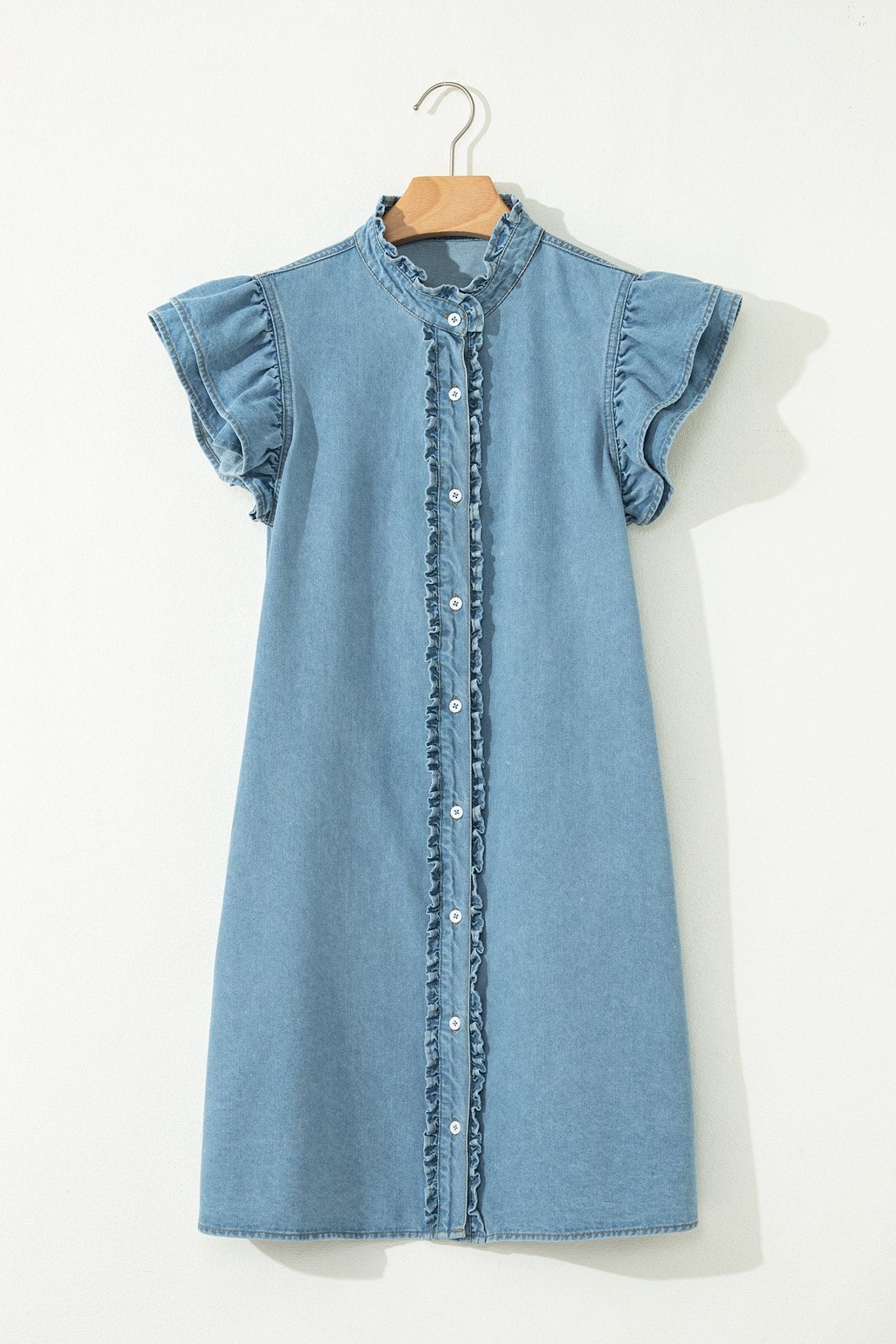Myosotis Frilled Detail Button Down Ruffle Short Sleeve Denim Mini Dress - Loving It Shop