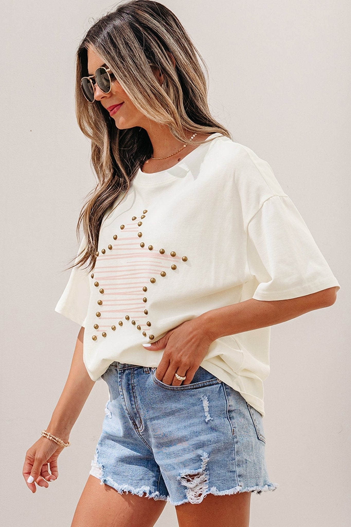 Beige Star Print Stud Detail Cotton Jersey Top - Loving It Shop