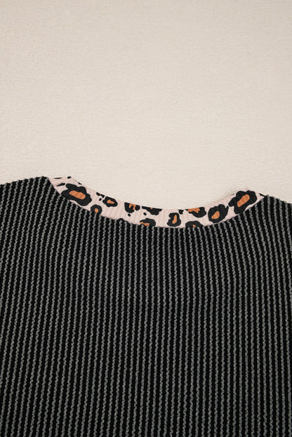 Carbon Grey Twisted Rib Texture Leopard Patchwork Detail 2pcs Pant Set