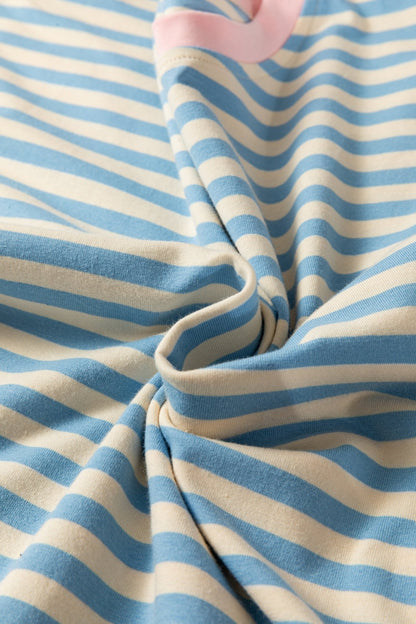 Sky Blue Stripe Contrast Crew Neck Drop Shoulder Loose Tee - Loving It Shop