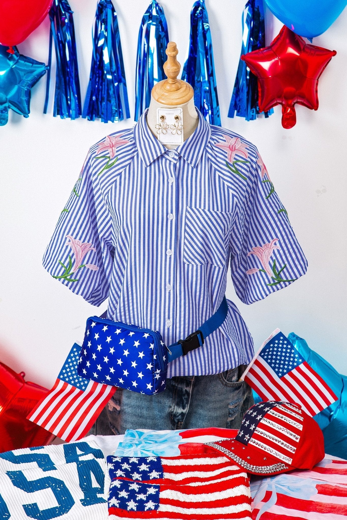 Sky Blue Stripe Lily Floral Embroidered Puff Sleeve Button Down Shirt - Loving It Shop