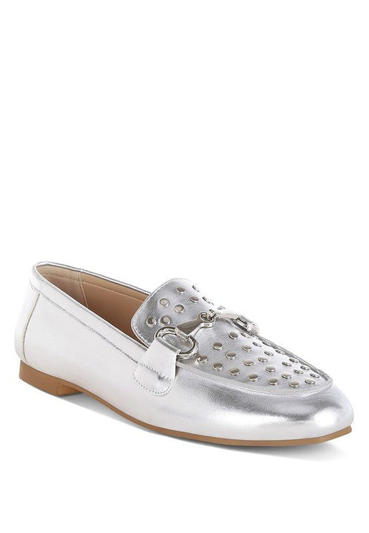Estafa Horsebit & Studs Metallic Pleather Loafers - Loving It Shop