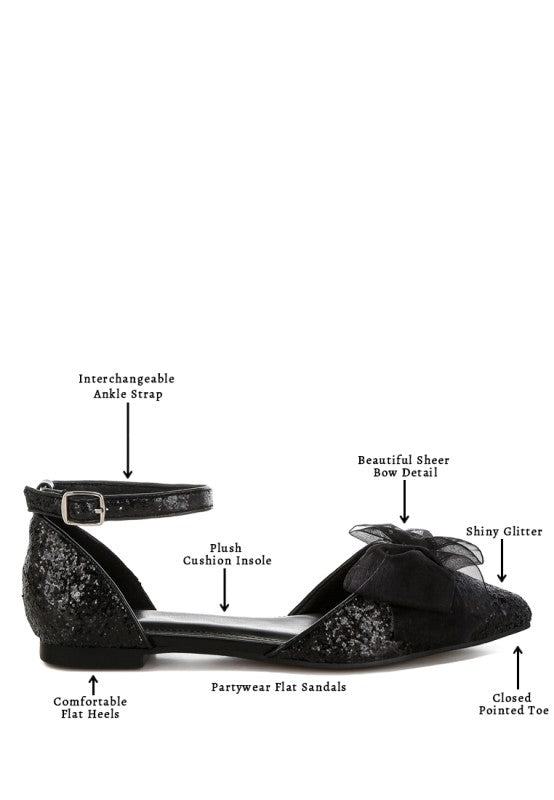Clarice Sheer Bow Detail Glitter Flat Sandals