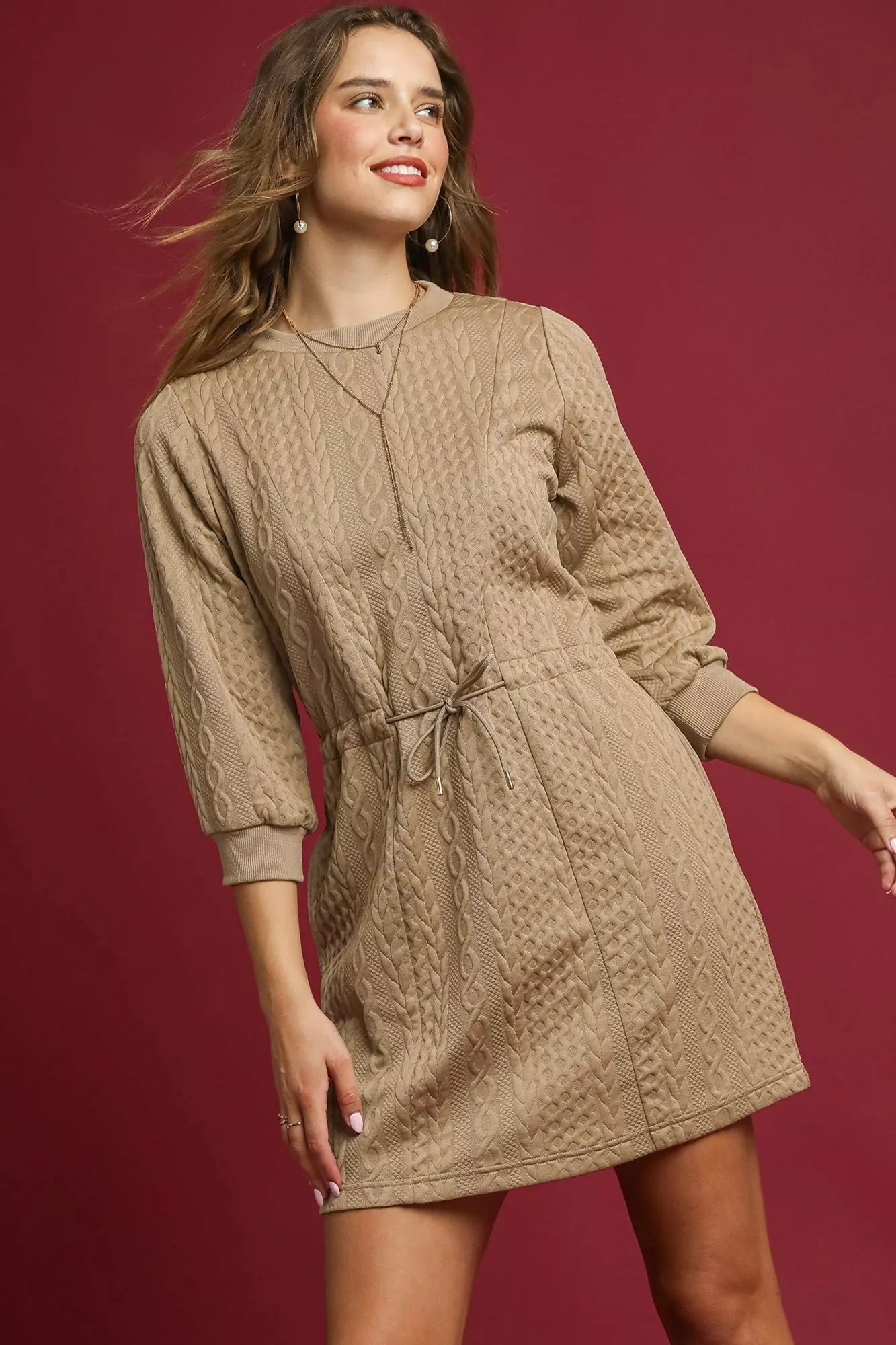 Drawstring Cable Knit Mini Dress with Pockets