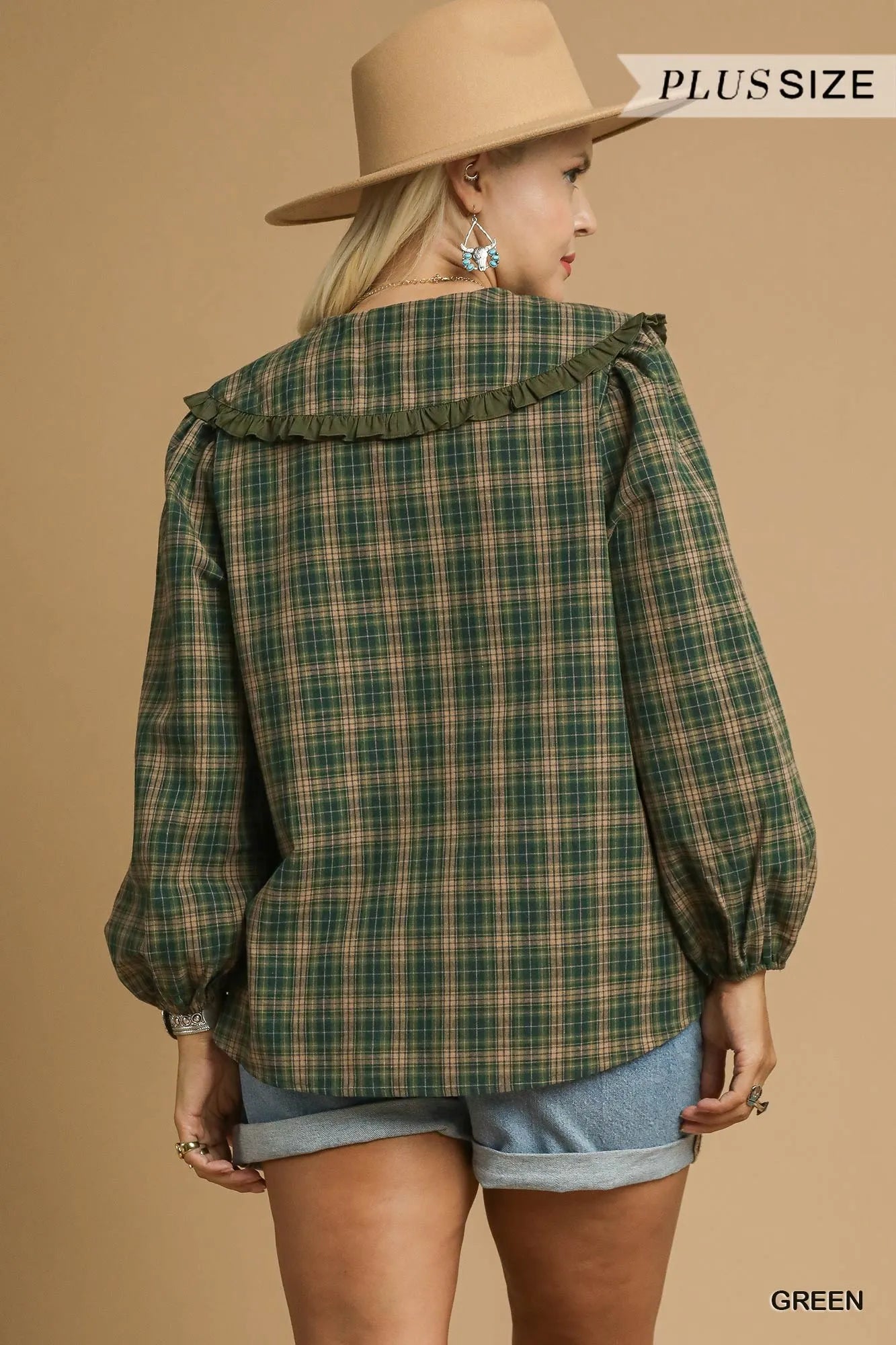 Full Size Plaid Ruffle Collar Blouse Plus Size