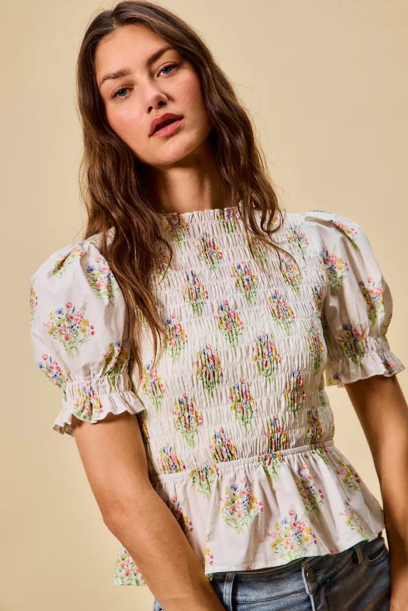 Floral Cotton Smocked Short Sleeves Blouse