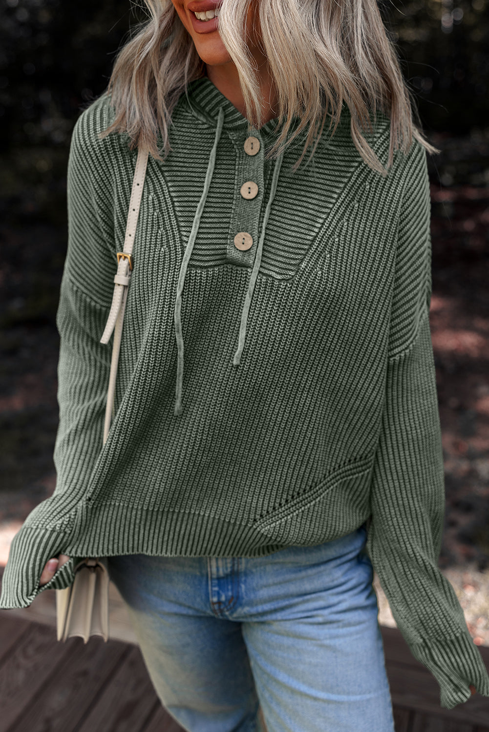 Mist Green Mineral Wash Ribbed Knit Button Drawstring Neck Hooded Sweater