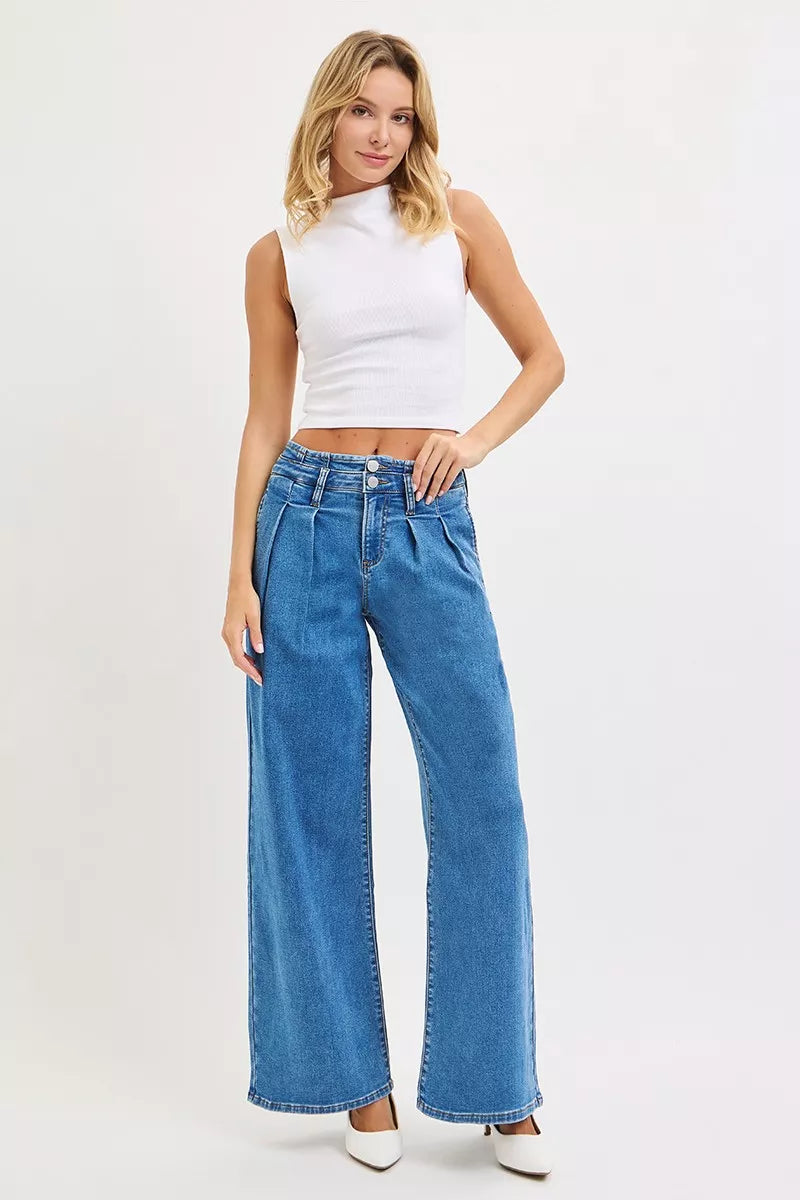 Full Size Mid Rise Fit Wide Leg with Pleated Detail Jeans Plus Size