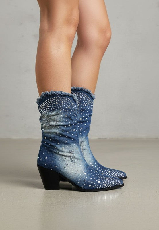 Savant Diamante & Rhinestones Denim Boots