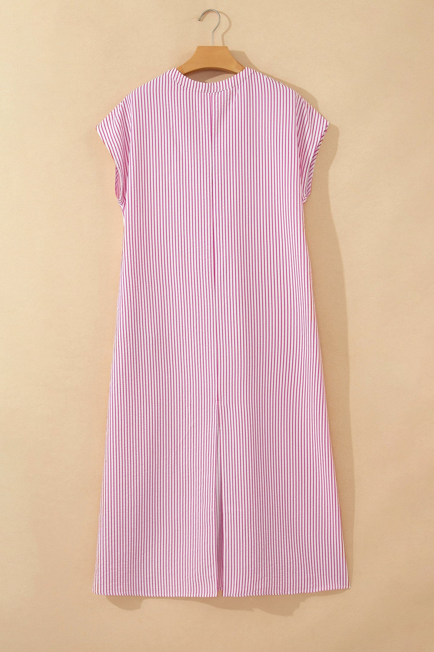 Red Stripe Frilled Detail Half Buttons Short Sleeve Long Dress