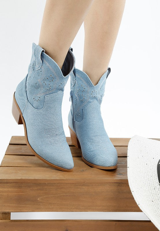 Nigara Cut Out Detail Denim Cowboy Boots