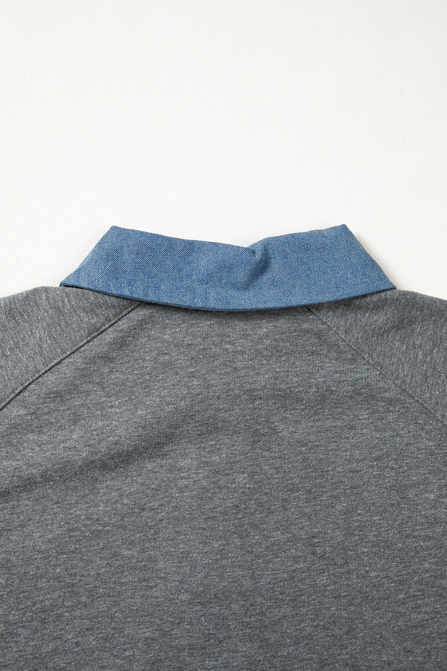Carbon Grey Denim Color Block Patchwork Shirt Collar Short Sleeve Blouse