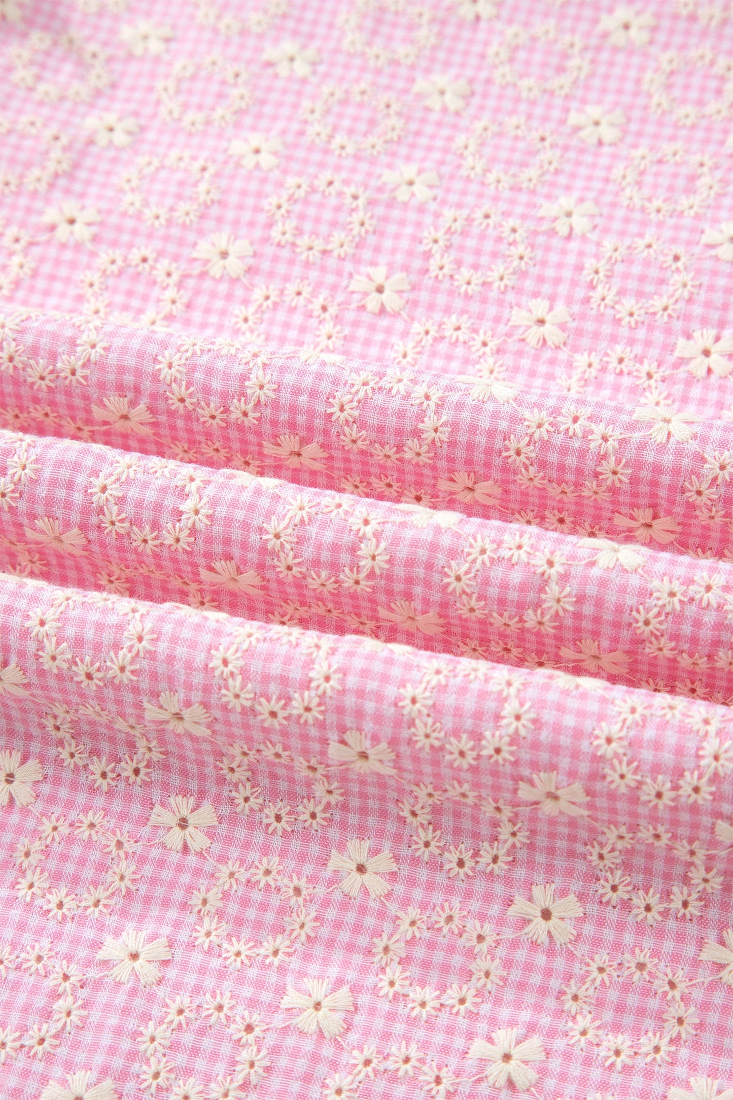 Pink Eyelet Embroidered Flower Texture Contrast Lace Trim Flutter Sleeve Blouse