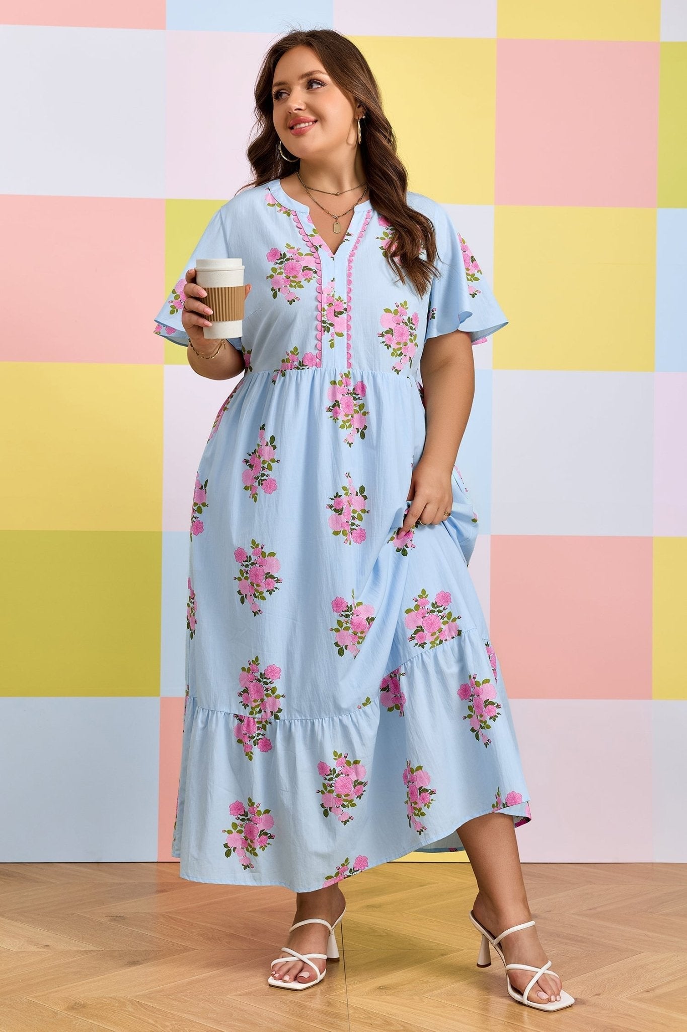 Sky Blue Plus Size Floral Print Scalloped Trim V - Neck Dress - Loving It Shop
