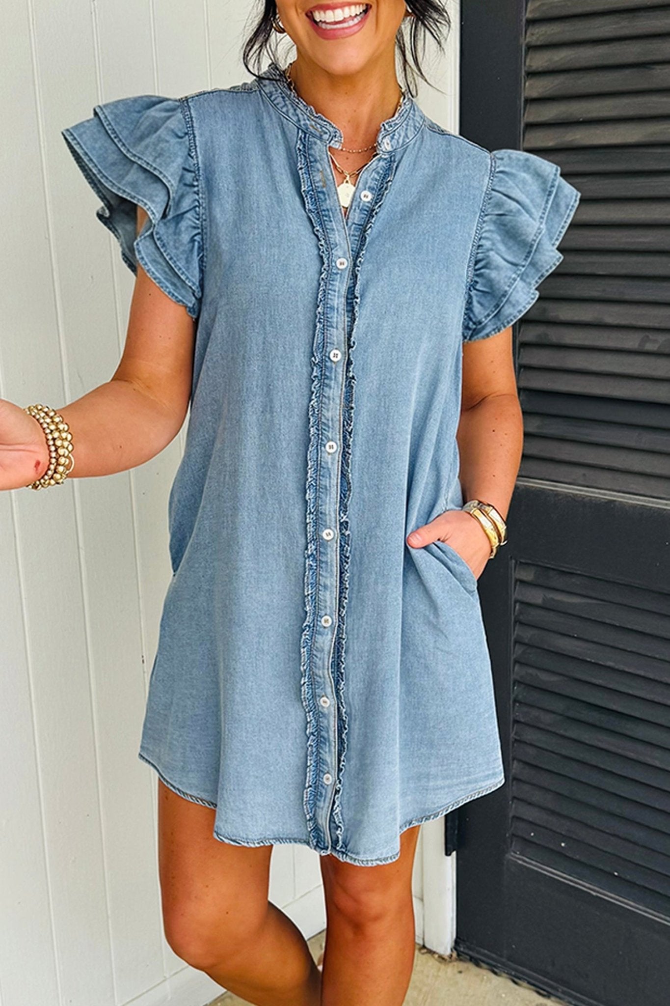 Myosotis Frilled Detail Button Down Ruffle Short Sleeve Denim Mini Dress - Loving It Shop