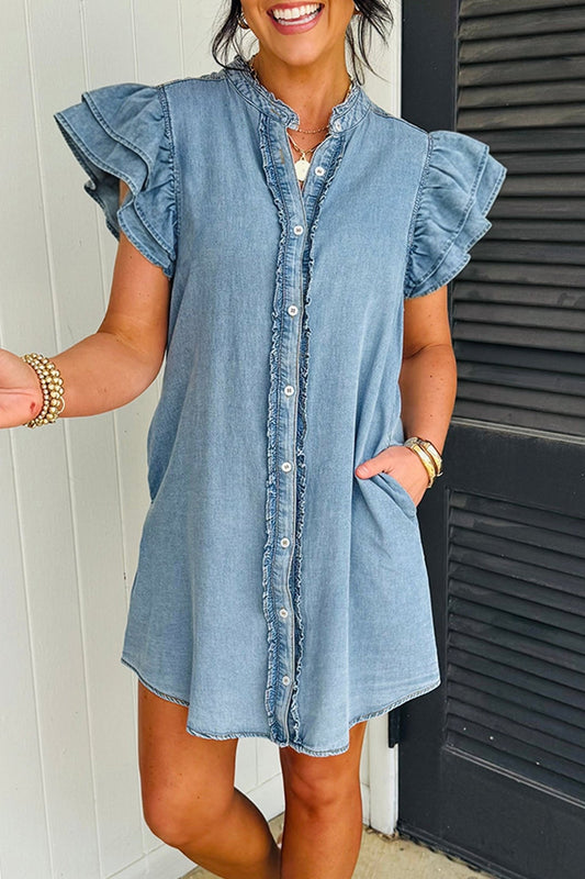 Myosotis Frilled Detail Button Down Ruffle Short Sleeve Denim Mini Dress - Loving It Shop
