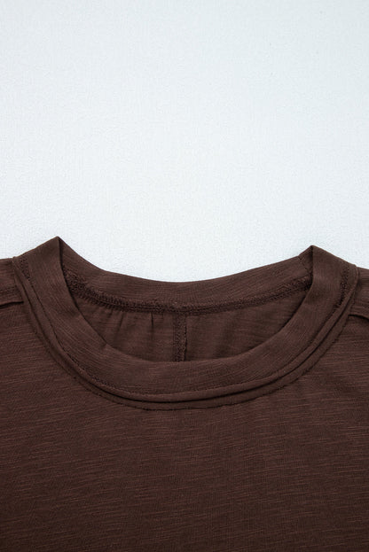 Dark Brown Sheer Lace Patchwork Casual Long Sleeve Tee