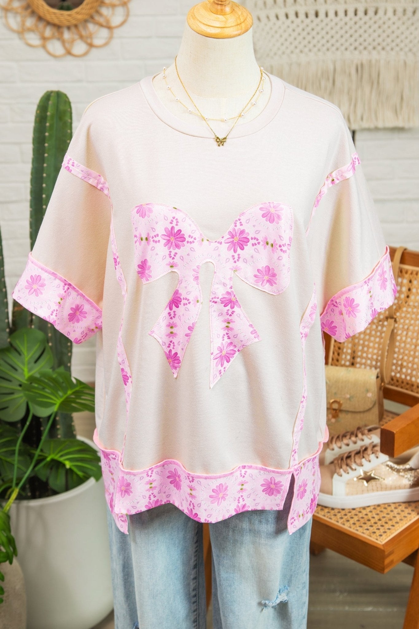 Apricot Daisy Floral Bow Contrast Patchwork Loose T Shirt - Loving It Shop