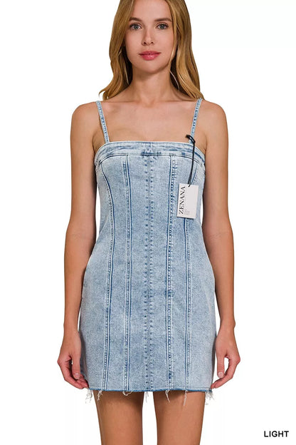 Spaghetti Strap Exposed Seam Light-Wash Dress