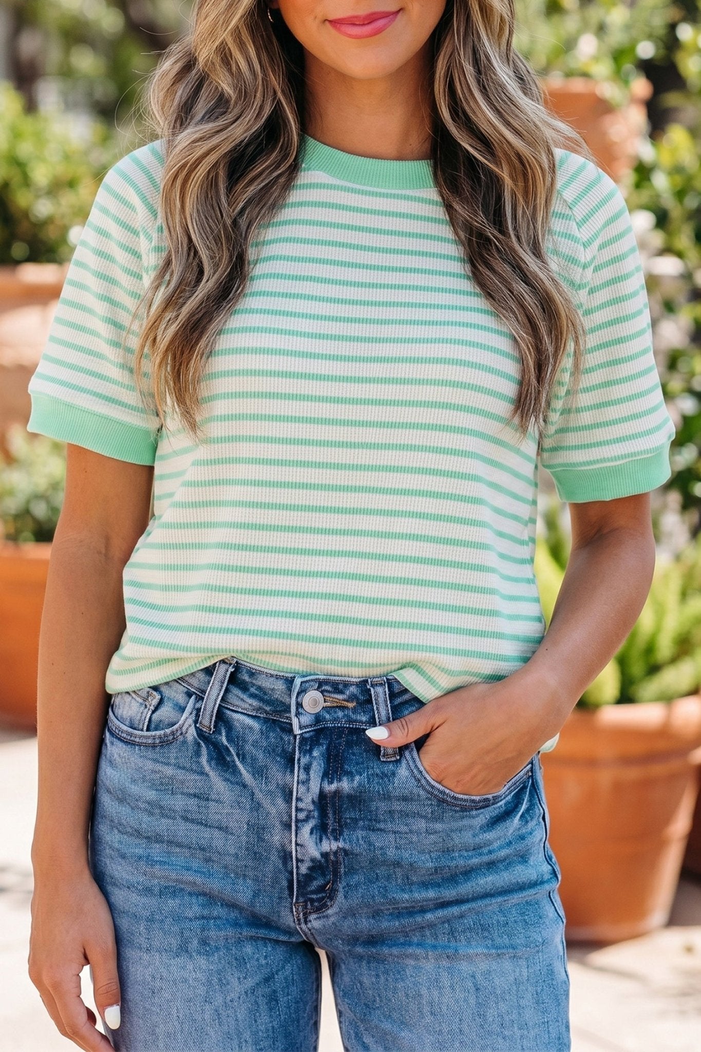 Green Stripe Colorblock Trim Round Neck Short Sleeve Tee - Loving It Shop