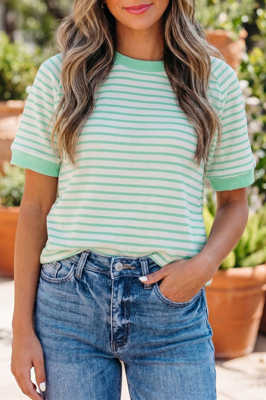 Green Stripe Colorblock Trim Round Neck Short Sleeve Tee - Loving It Shop