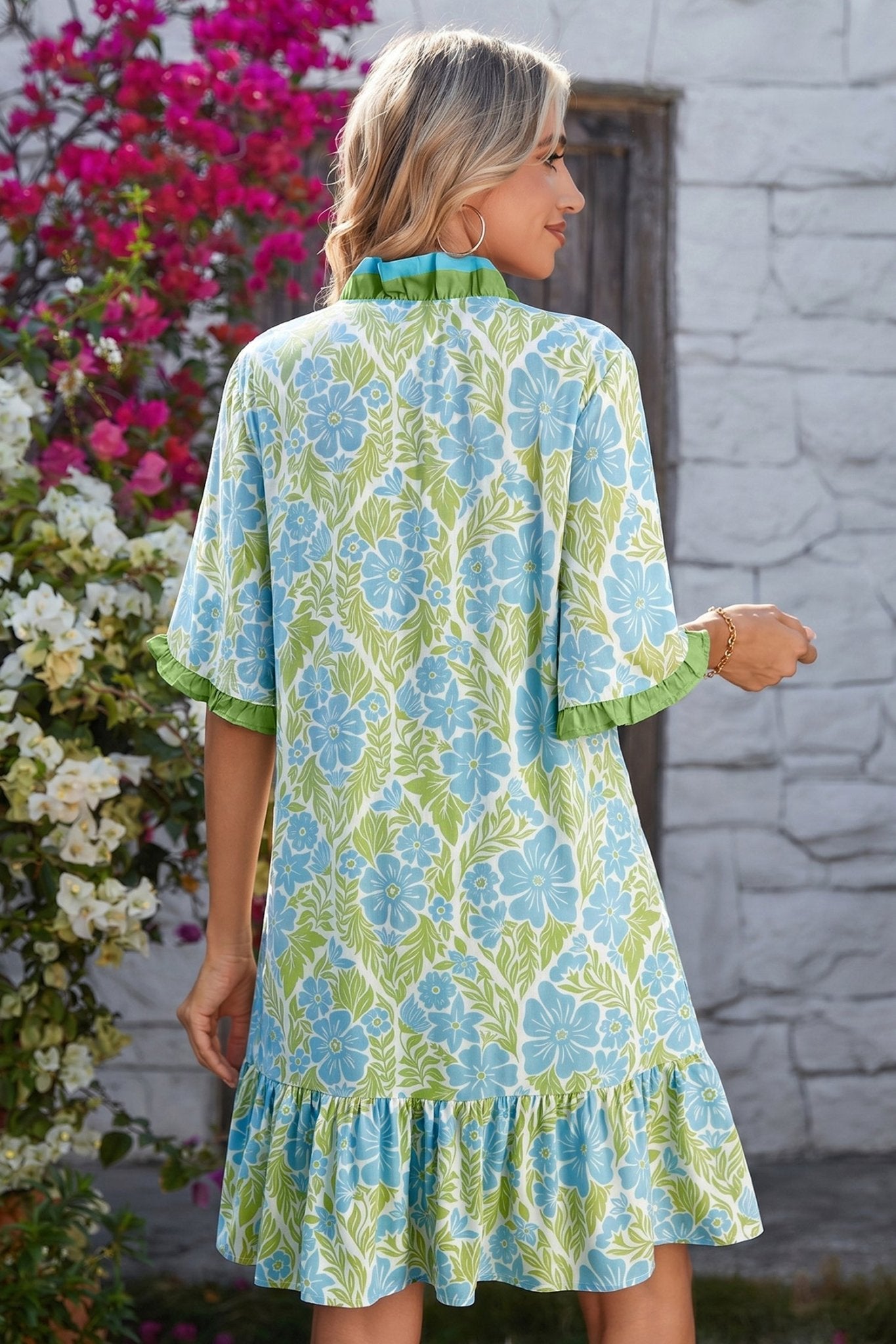Sky Blue Botanical Floral Print Frilled Trim V Neck Button Front Loose Dress - Loving It Shop