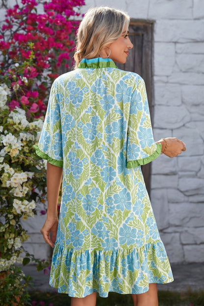 Sky Blue Botanical Floral Print Frilled Trim V Neck Button Front Loose Dress - Loving It Shop