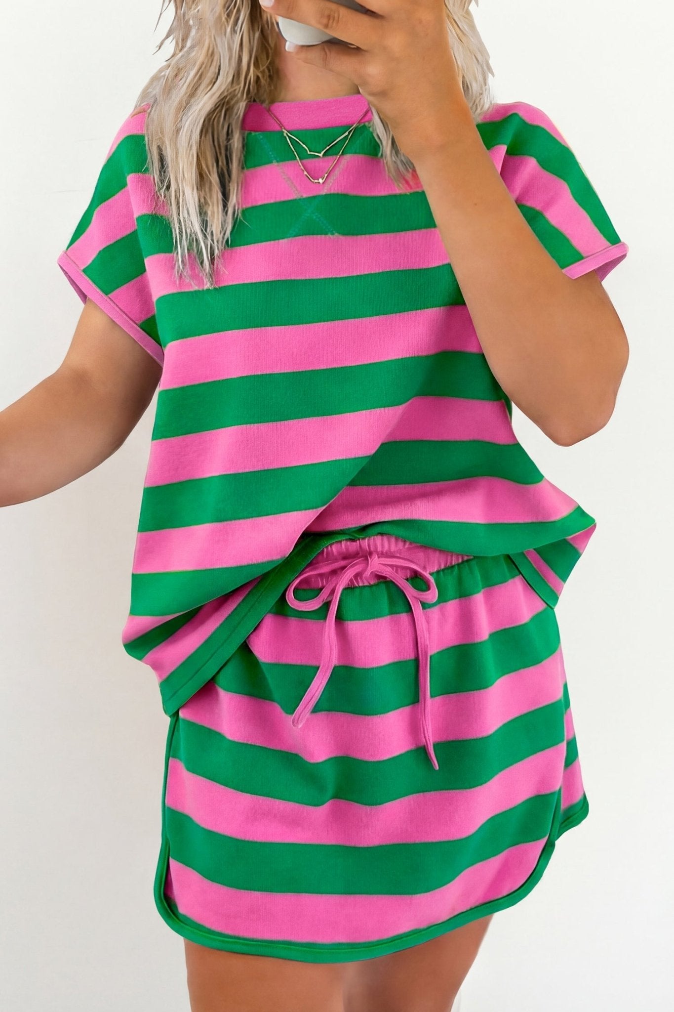 Rose Stripe Dolman Tee Drawstring Skort Athletic 2pcs Set - Loving It Shop